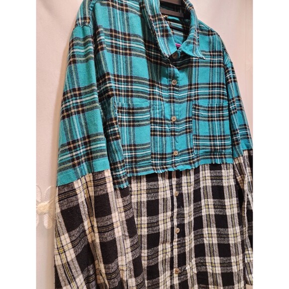 La Miel Womens Large Green Shirt Colorblock Plaid Flannel Shacket Farm Western - Picture 2 of 16